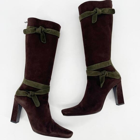 Vintage Prada Brown Green Suede Tie Strap Two-Tone Knee High Block Heel Boots 38